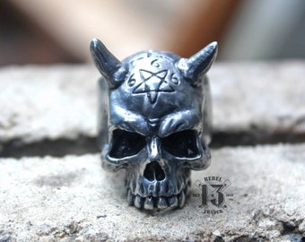 Hand sculpted Satanic 666 skull ring : Oxidized lead free pewter ring