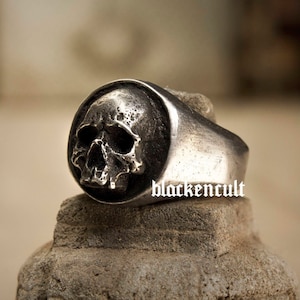 Hand sculpted Skull Signet ring : Oxidized lead free pewter ring