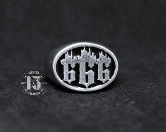 Hand Sculpted 666 flame satanic logo signet ring : Oxidized lead free pewter ring. Perfect birthday gift for your loved ones
