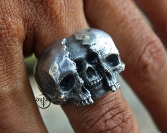 Hand sculpted Split skull ring : Oxidized lead free pewter, White brass and Sterling silver ring