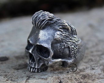 Hand sculpted Slick back hair skull ring : Oxidized lead free pewter, white brass and Sterling Silver ring