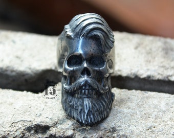 Hand sculpted Bearded slick back skull ring : Oxidized lead free pewter ring