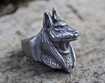 Hand sculpted Anubis ring : Oxidized lead free pewter, White brass and Sterling Silver ring