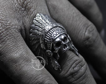 Hand sculpted jawless indian apache chief skull ring : Oxidized brass and sterling silver skull rings. Perfect gift for your loved ones