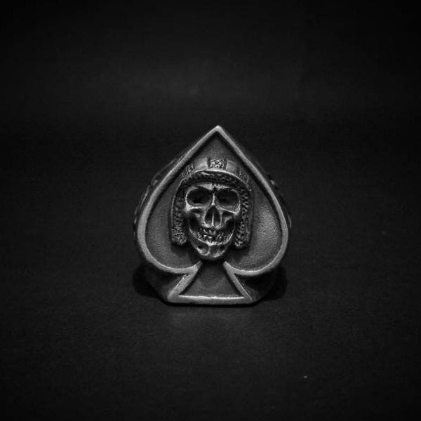 Hand sculpted biker helmet spades signet skull ring  : Oxidized pewter, brass and sterling silver skull rings. Perfect biker gift for you