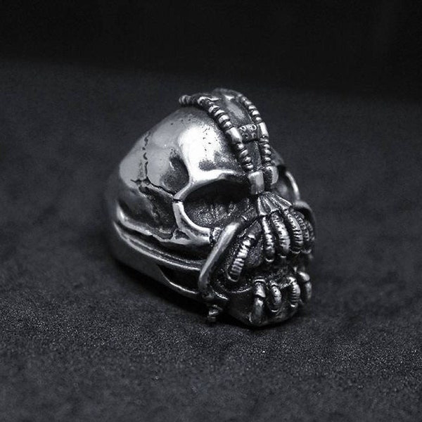 Hand sculpted Bane Mask ring : Oxidized lead free pewter skull ring