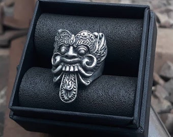 Hand sculpted Bali mythical creature Rangda ring. Oxidized lead free pewter barong ring. Perfect Balinese gift