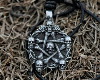 Hand sculpted Skull Pentagram Necklace : Oxidized lead free pewter pendant