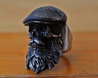 Hand sculpted Bearded Irish ring : Oxidized lead free pewter skull ring