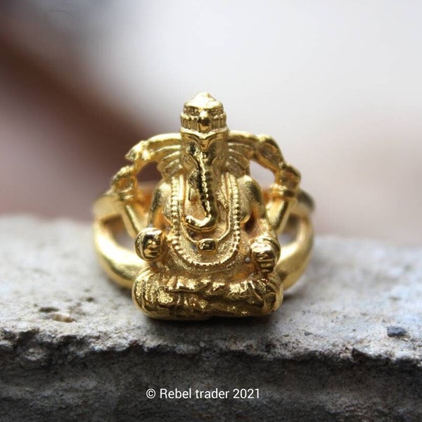 Hand sculpted Gold Plated Ganesha ring : Gold Plated White Brass and Sterling Silver ring