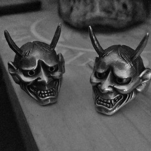 Hand sculpted Small Oni ring : Oxidized lead fee pewter japanese demon Oni ring. Perfect birthday gift