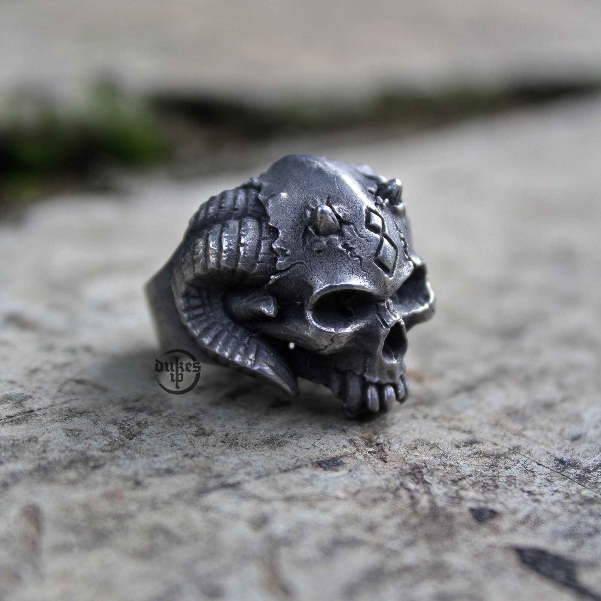 Hand Sculpted Demon Skull Horns Ring : Oxidized Lead Free Pewter