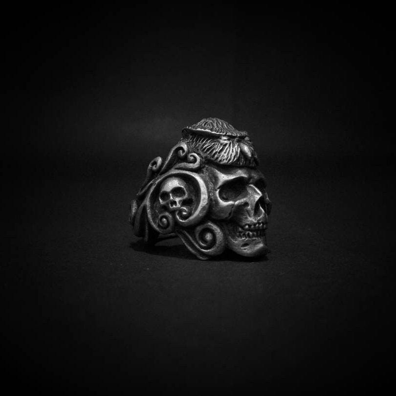 Hand sculpted Owl head indian ethnic skull ring : Oxidized pewter, brass and sterling silver skull r