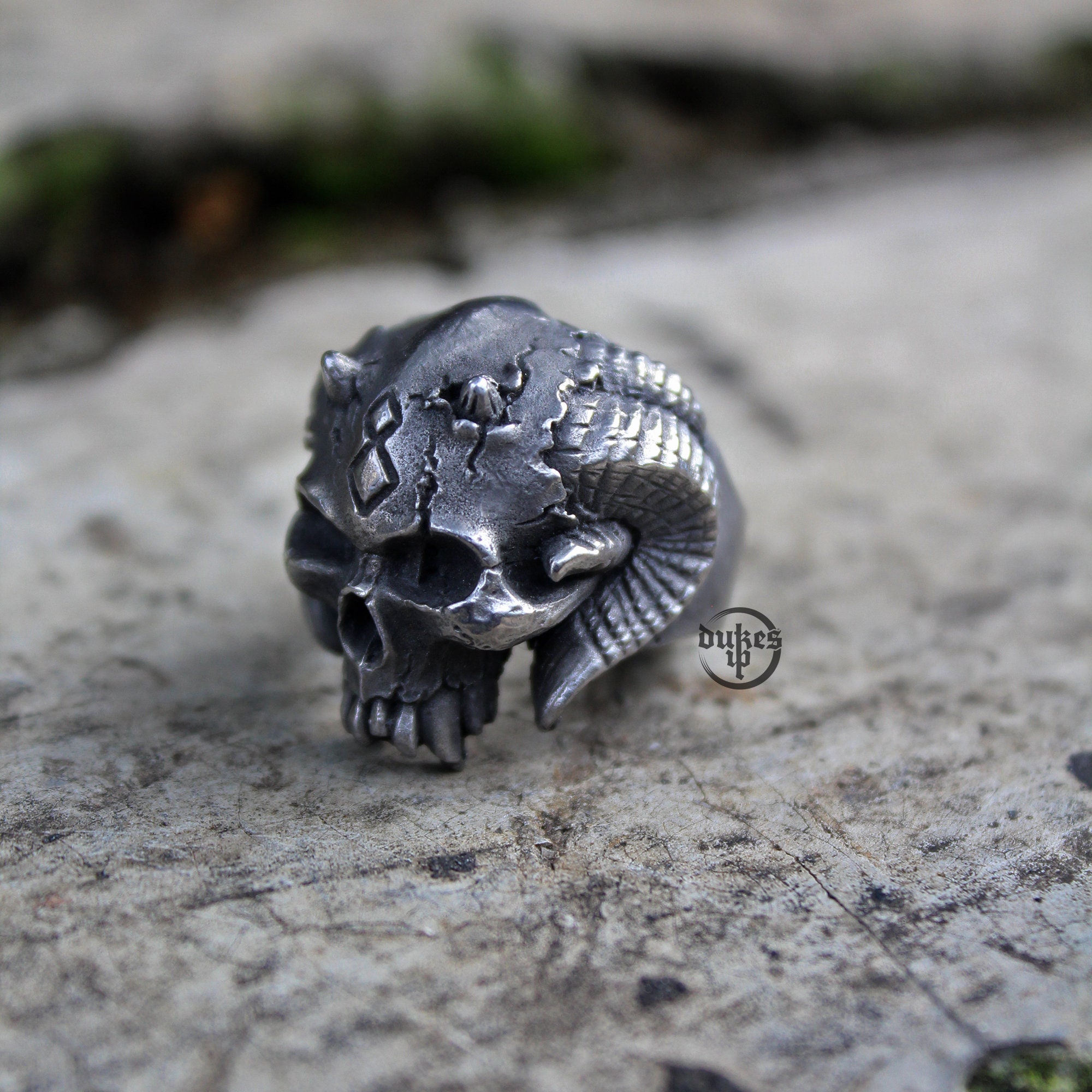 Hand Sculpted Demon Skull Horns Ring : Oxidized Lead Free