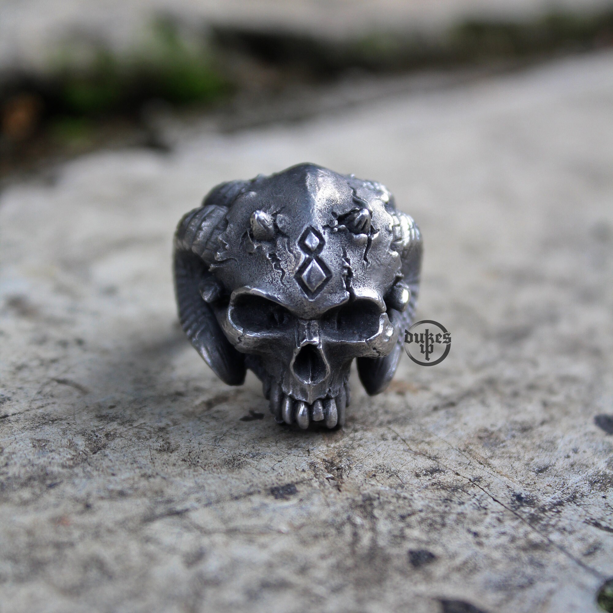 Hand Sculpted Demon Skull Horns Ring : Oxidized Lead Free