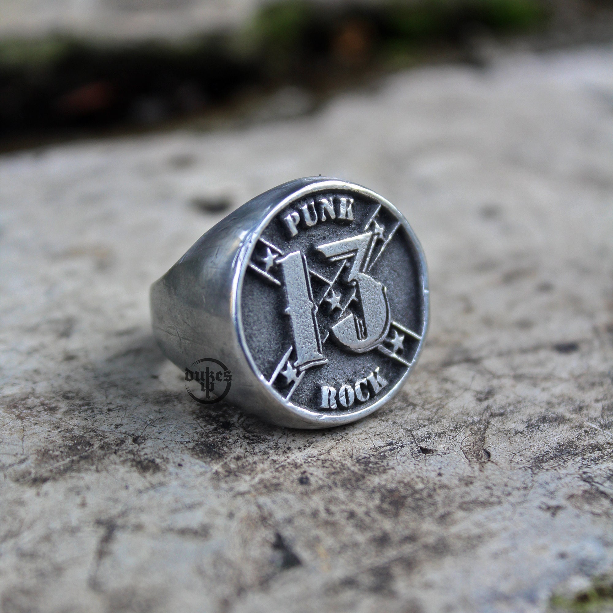 Hand Casted Punk Rock 13 Pewter Signet Ring : Oxidized Lead Free Hand Casted Punk Rock 13 Pewter Signet Ring : Oxidized Lead Free