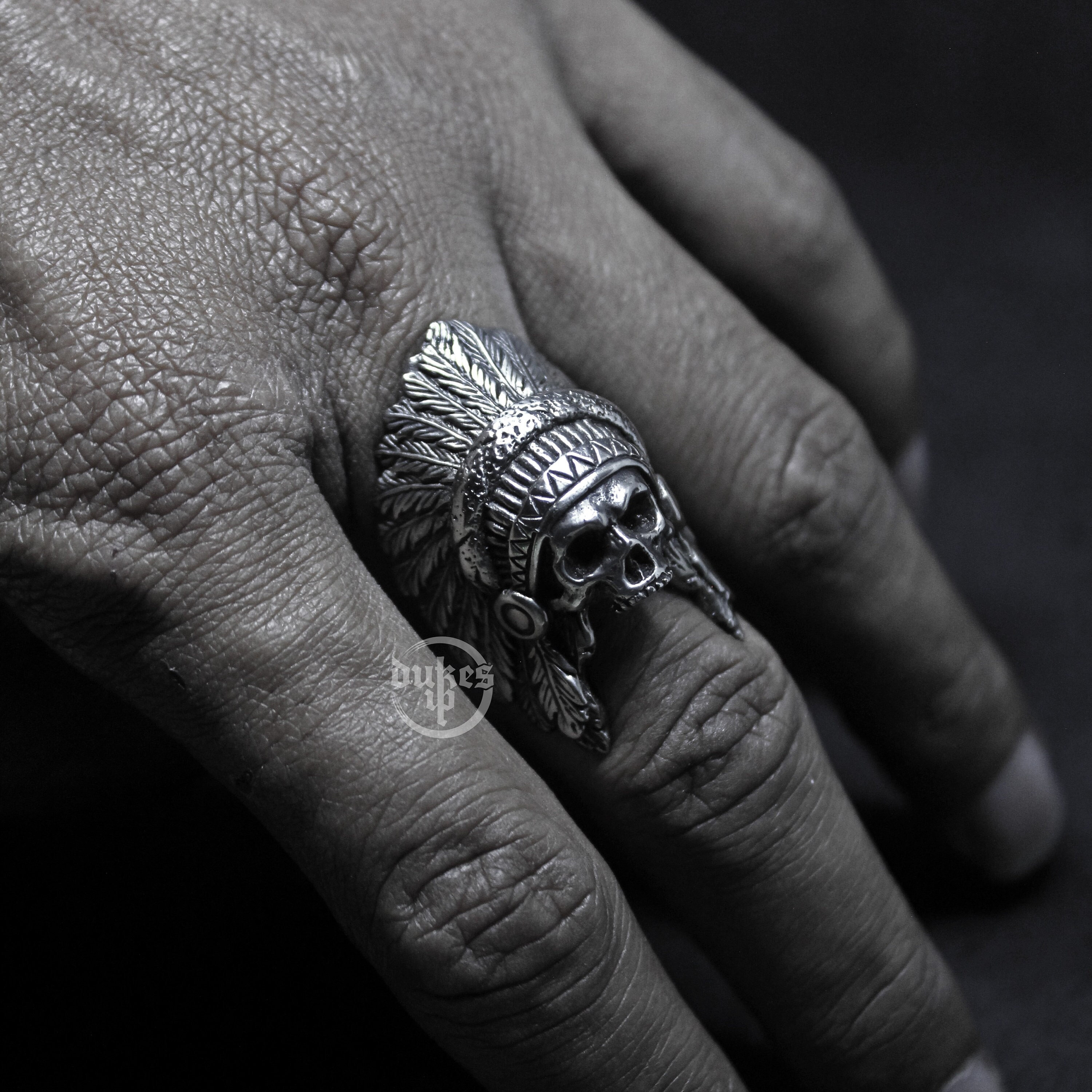 Hand Sculpted Jawless Indian Apache Chief Skull Ring : Oxidized