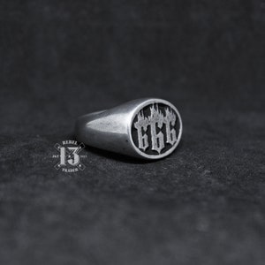 Hand Sculpted 666 flame satanic logo signet ring : Oxidized lead free pewter ring. Perfect birthday gift for your loved ones image 2