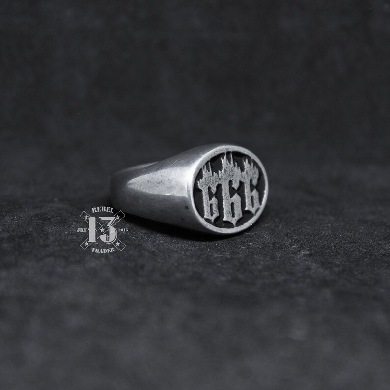 Hand Sculpted 666 flame satanic logo signet ring : Oxidized lead free pewter ring. Perfect birthday gift for your loved ones image 2