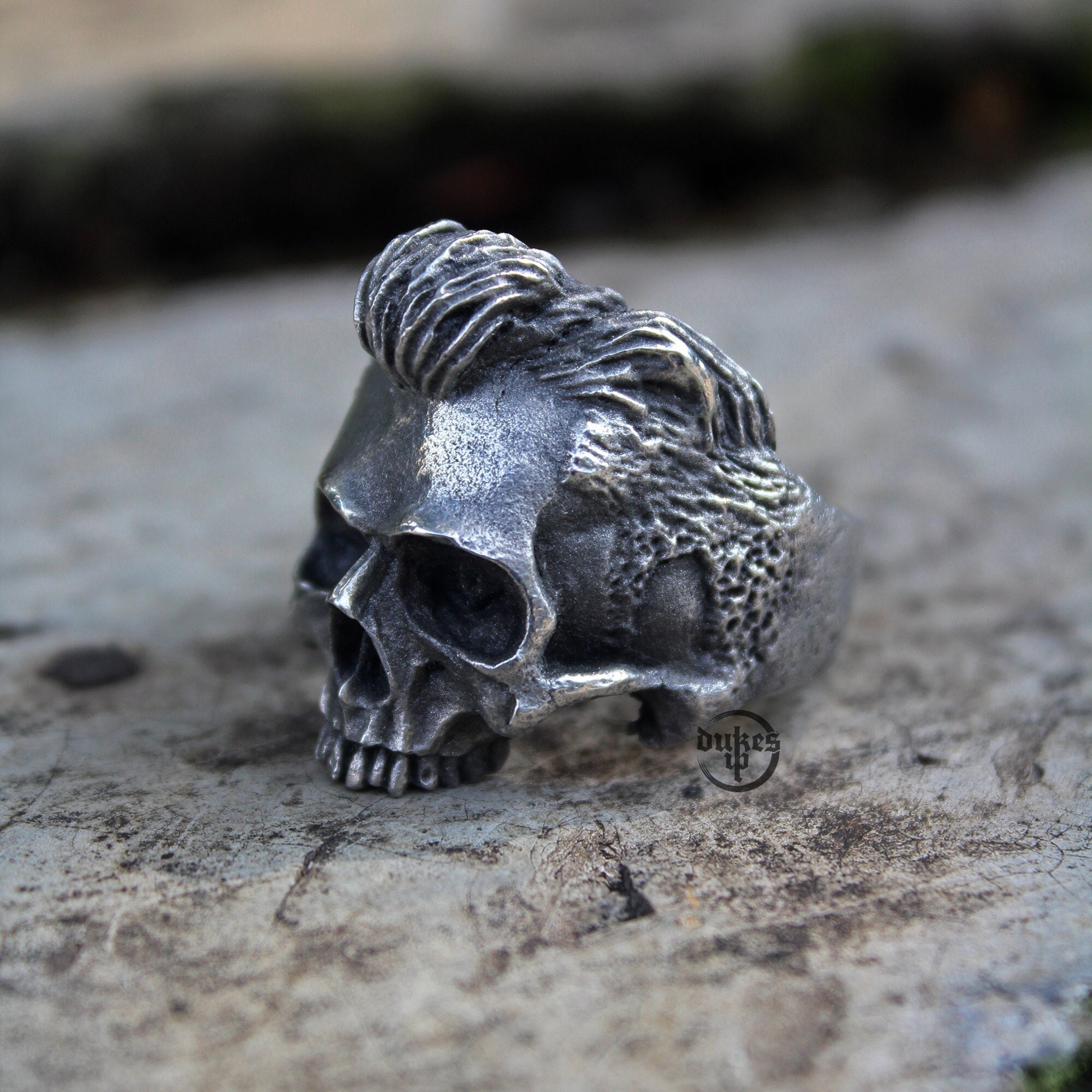 Hand Sculpted Slick Back Hair Skull Ring : Oxidized Lead Free