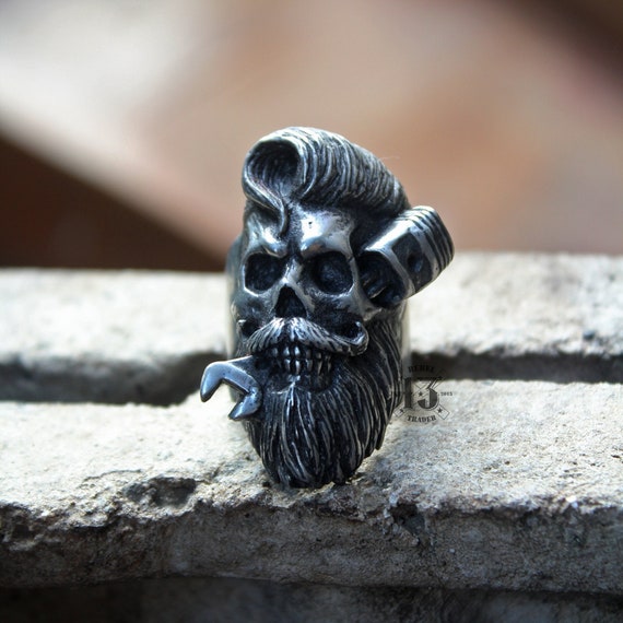 Hand Sculpted Bearded Biker Skull Pewter Ring Oxidized Lead Free