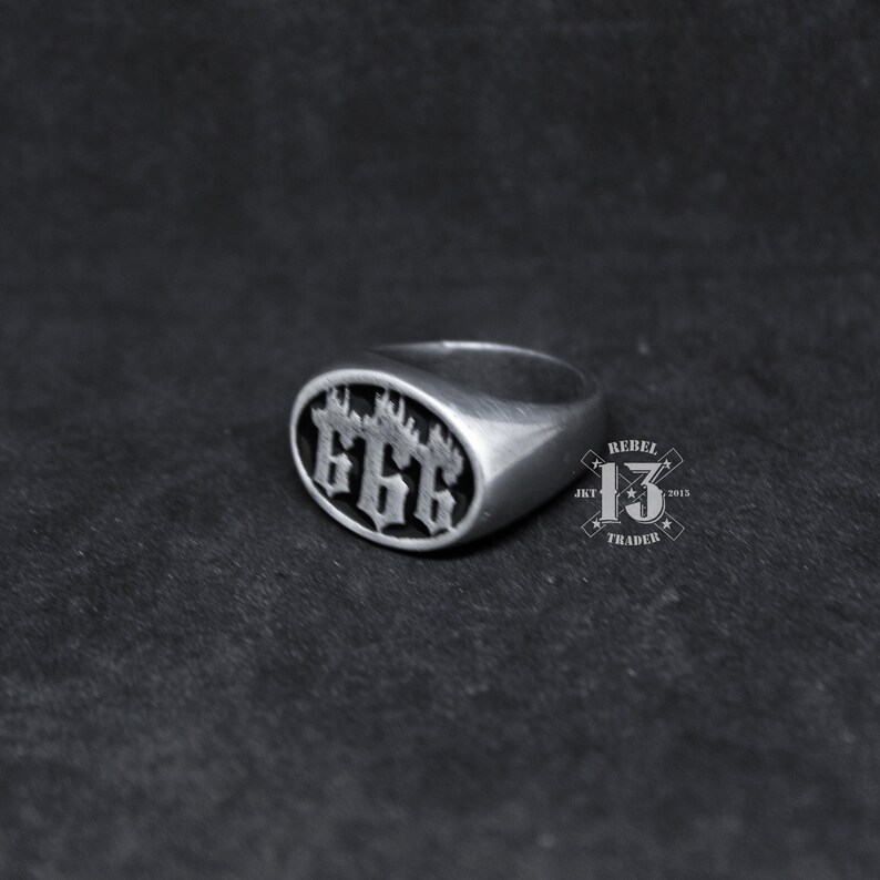 Hand Sculpted 666 flame satanic logo signet ring : Oxidized lead free pewter ring. Perfect birthday gift for your loved ones image 3