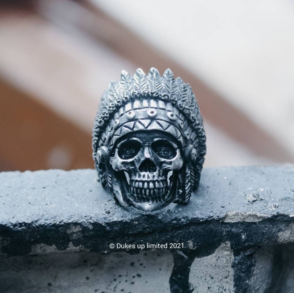 Hand Sculpted Apache Skull Ring : Oxidized Lead Free Pewter