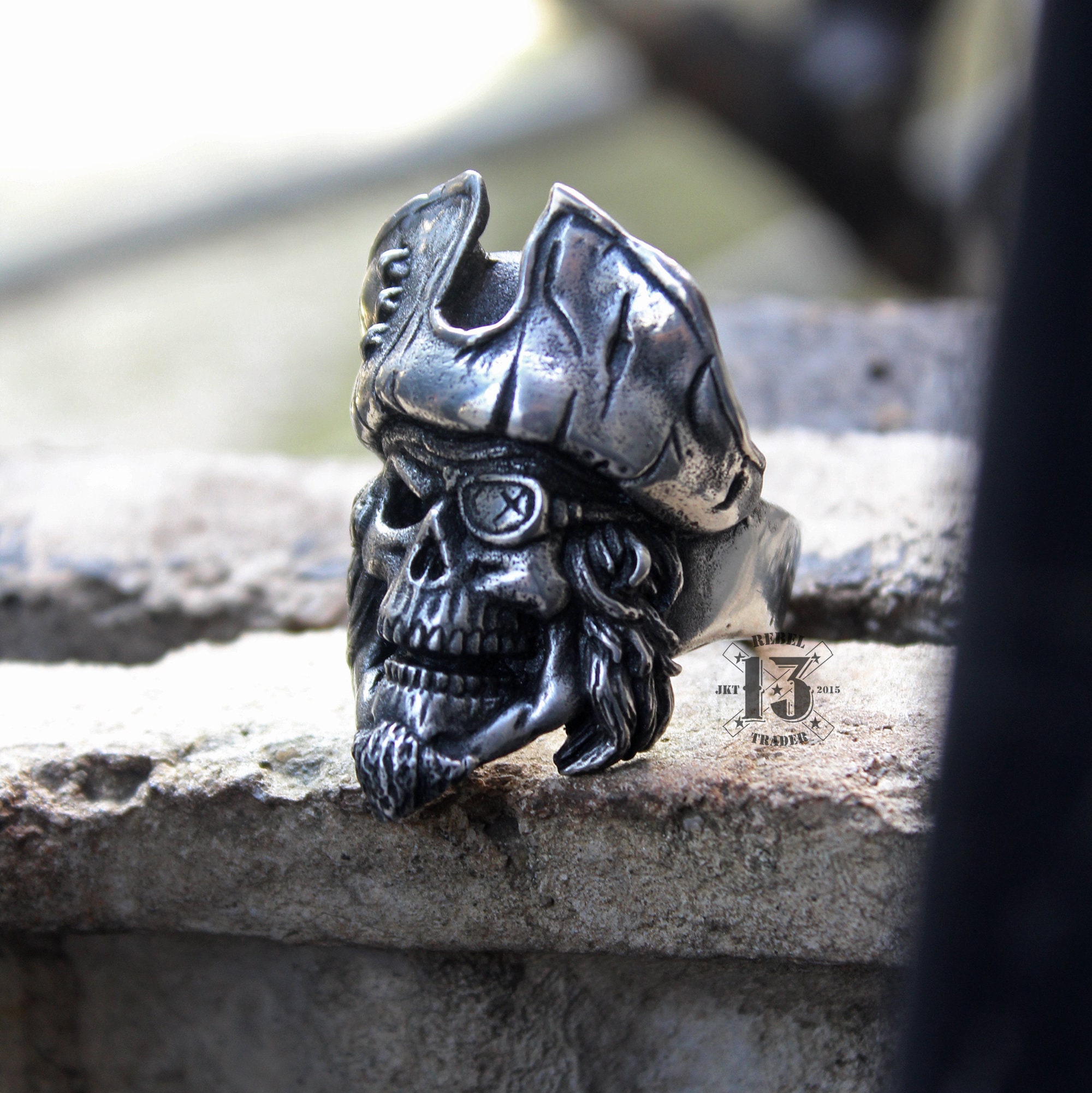 Bearded Pirate Skull Ring, Eye Patch Pirates Skull Rings