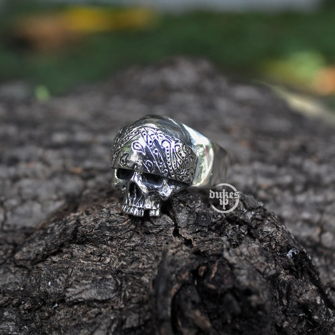 Hand Sculpted Jawless Hardcore Mexican Gangster Skull Bandana Ring ...