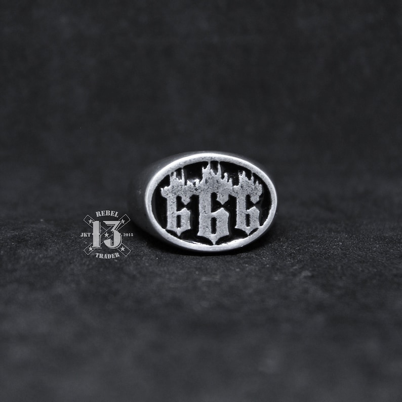 Hand Sculpted 666 flame satanic logo signet ring : Oxidized lead free pewter ring. Perfect birthday gift for your loved ones image 1