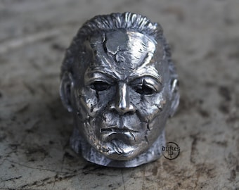 Hand sculpted Michael Myers mask ring : Oxidized lead free pewter, white brass and Sterling Silver ring