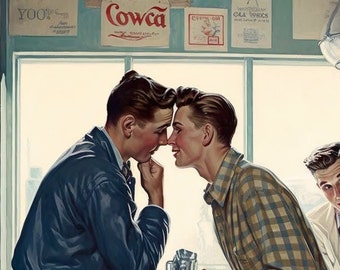 Gay Couple Soda Fountain Print -– Vintage Americana Oil Painting Style