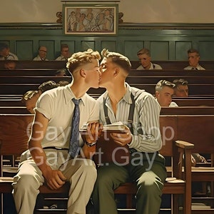School Crush -- Sweet Gay Art Print Norman Rockwell Inspired Painting Style -- READY TO HANG