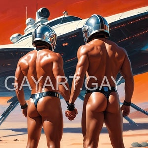 Hot Gay Space Couple - Digital Download - Almost Naked Futuristic Artwork Painting Print Reproduction