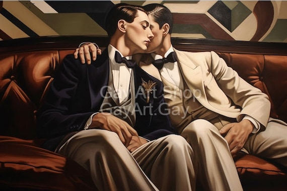 Art Deco Hot Gay Couple in Luxury Suite 1930's Vintage Oil Painting Style Reproductions on Canvas (READY TO HANG)