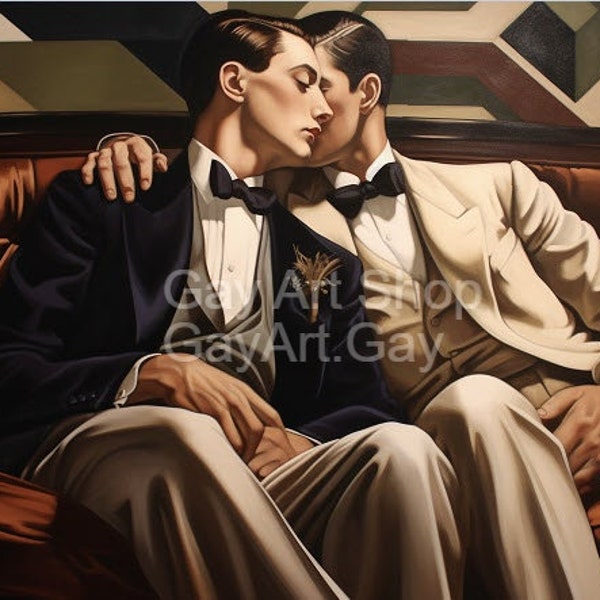 Art Deco Hot Gay Couple in Luxury Suite 1930's Vintage Oil Painting Style Reproductions on Canvas (READY TO HANG)