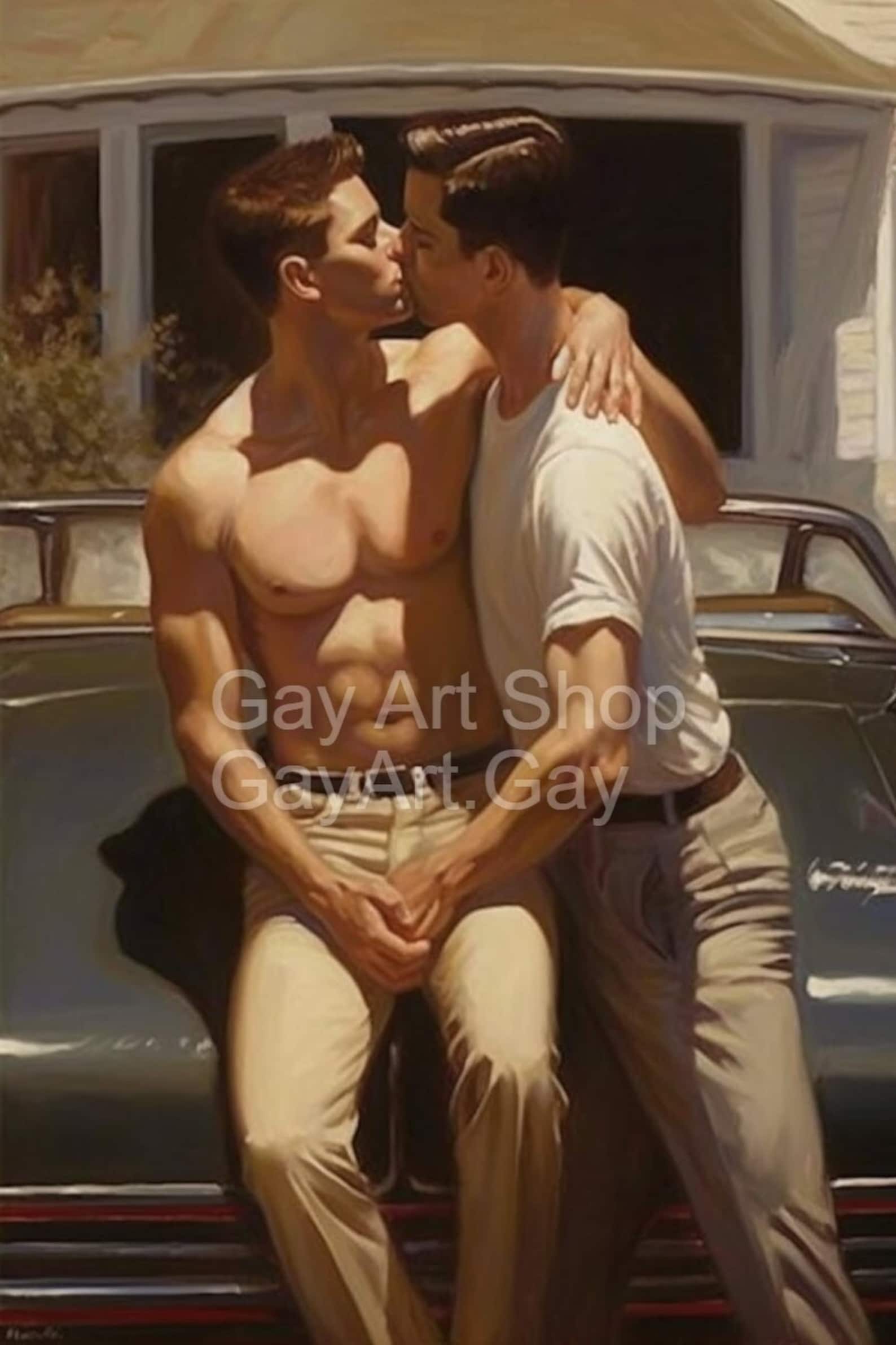 Gay Art Canvas Print Hot Rod Couple Kissing Vintage Oil Painting Gay Art Canvas Print Hot Rod Couple Kissing Vintage Oil Painting