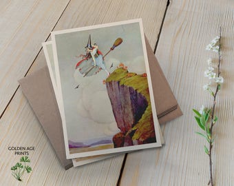 Halloween Cards (set of 6), Witch with Broom, Folded Cards, Halloween Illustration, Vintage Halloween, Bat Cards, Fall, Autumn