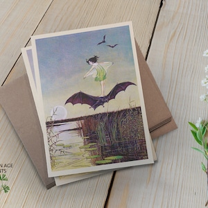 Halloween Cards (set of 6), Girl on Bat, Folded Cards, Halloween Illustration, Vintage Halloween, Bat Cards, Fall, Autumn