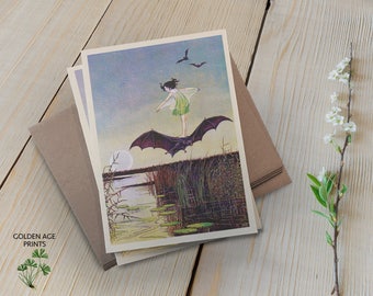 Halloween Cards (set of 6), Girl on Bat, Folded Cards, Halloween Illustration, Vintage Halloween, Bat Cards, Fall, Autumn