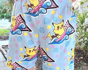 Surfing Pikachu Hawaiian Islander Vaporwave 80s Patterned Shorts S-4XL