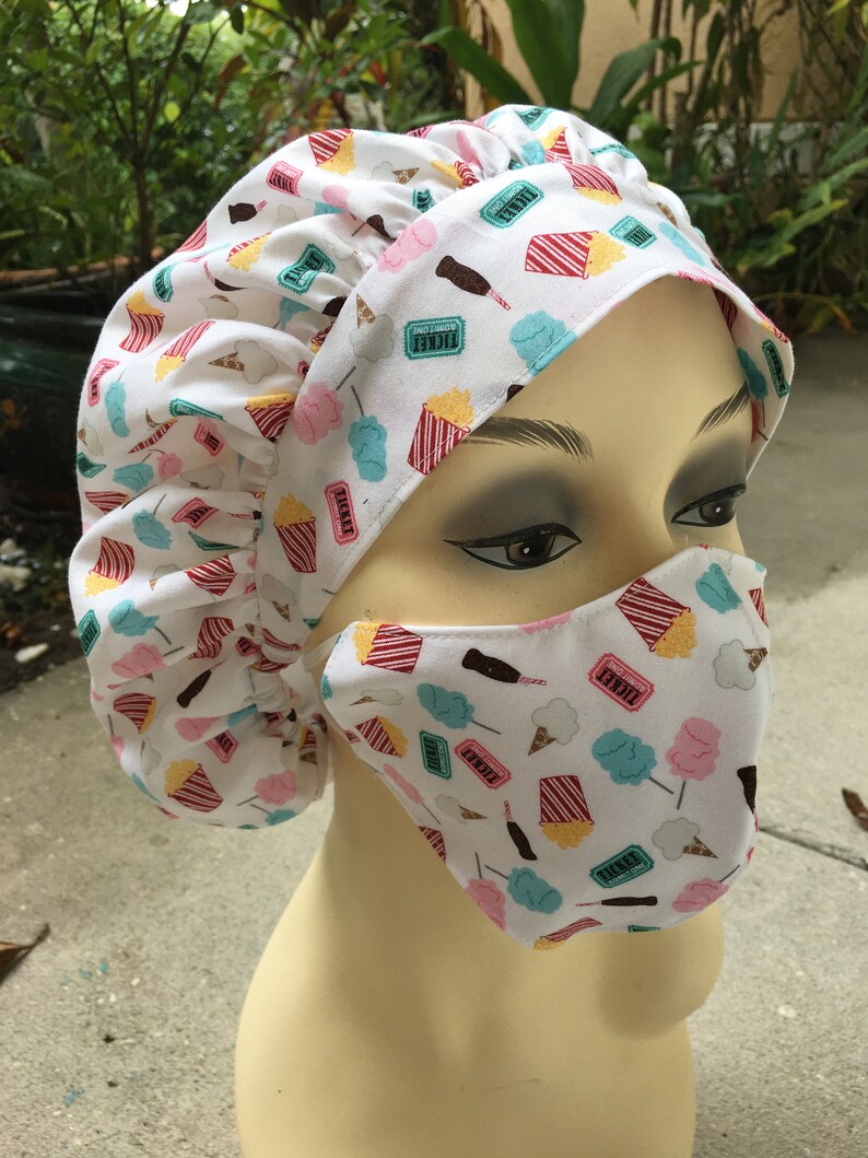 Nurse Scrub Hat Cap With Face Mask Set Fun Colorful Pattern Etsy