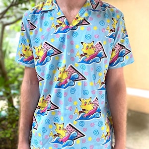 Surfing Pikachu Hawaiian Islander Vaporwave 80s Patterned Button Up S-5XL
