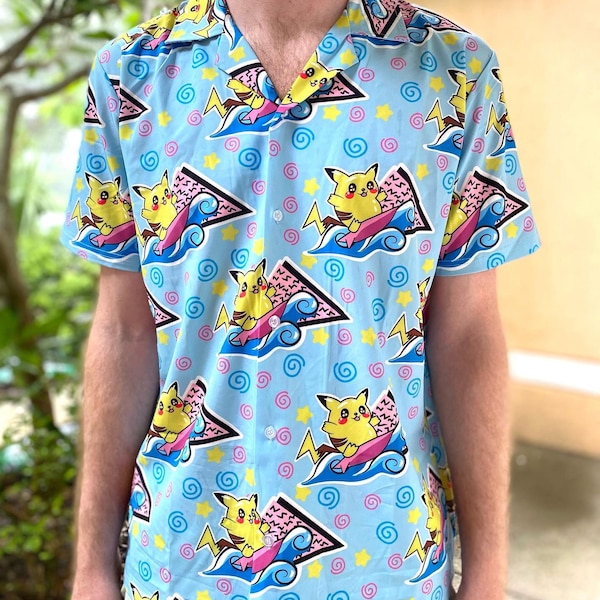 Surfing Pikachu Hawaiian Islander Vaporwave 80s Patterned Button Up S-5XL