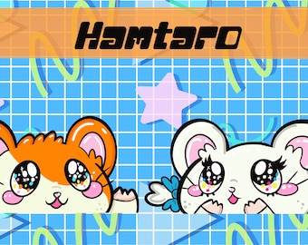 Pode incluir: Dois hamsters de desenho animado com olhos grandes e bochechas cor-de-rosa. O hamster à esquerda é laranja e branco, e o hamster à direita é branco. Ambos os hamsters estão olhando para o espectador. O fundo é uma grade azul e branca com estrelas cor-de-rosa.