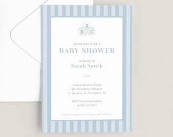 Baby Shower Blau ABC Blocks Einladung - Handgezeichnetes Kunstwerk zum Herunterladen