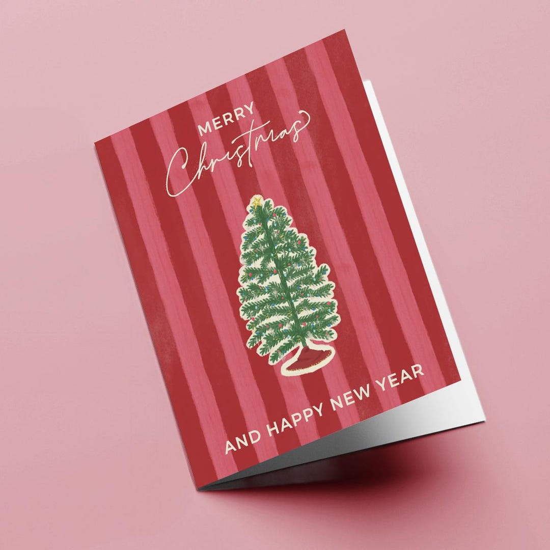 Vintage vrolijke kerstkaart - roze en rode streep - kerstboom -  handgetekende kunstwerken - Etsy België, image size:1080x1080