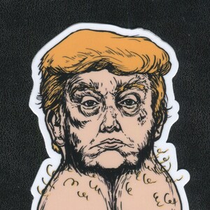 May include: A sticker featuring a cartoon illustration of a person with blonde hair and a serious expression. The person's head is on top of two large, round, flesh-coloured objects.