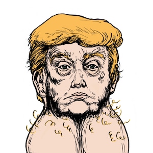 May include: A cartoon illustration of a person with a yellow hairstyle and a serious expression. The person's neck is depicted as two large, round, fleshy protrusions.