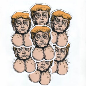 May include: A set of eight stickers featuring a cartoon illustration of a man with orange hair and a serious expression. The man's face is surrounded by two large, round, peach-coloured objects with gold lettering.